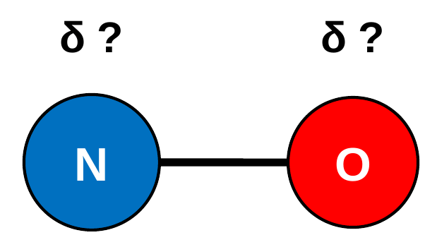 A nitrogen atom bonded to an oxygen atom, with a delta and question mark above each atom.