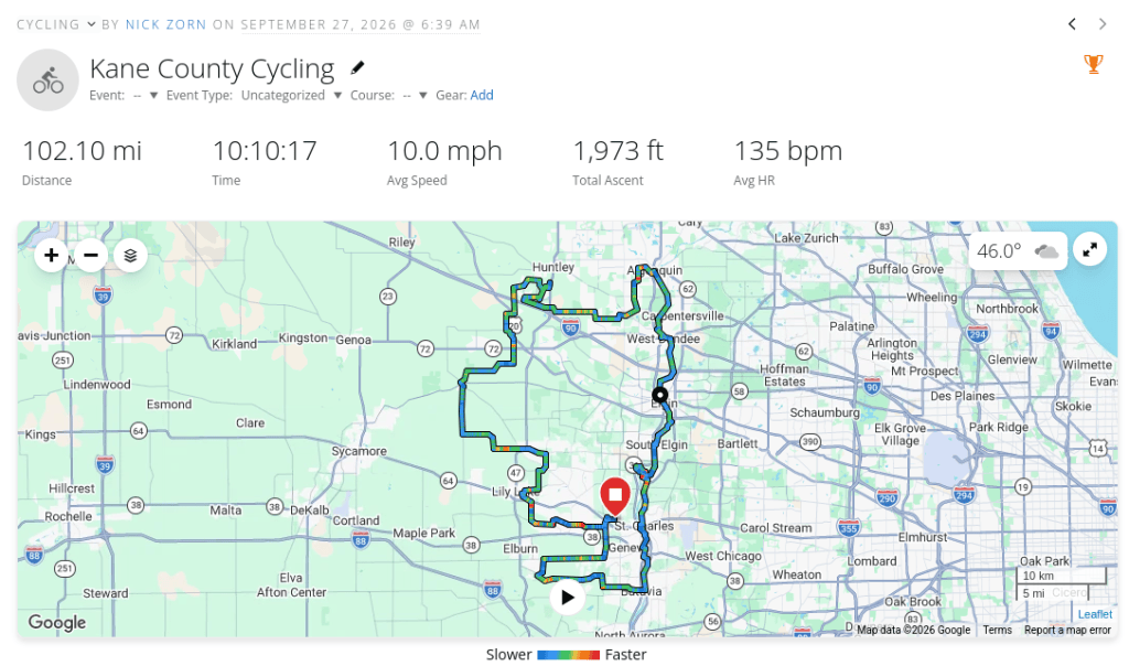 Map of a 102-mile cycling loop from St. Charles north along the Fox River to Algonquin, west to Huntley, south through farm country, and back through Geneva and Batavia.