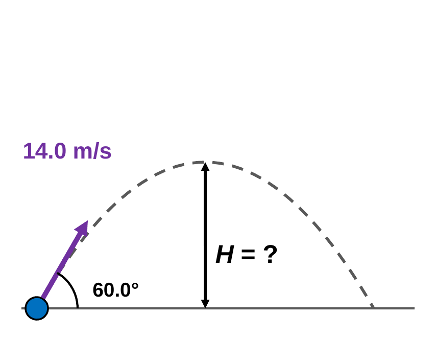 A water balloon's dashed parabolic path. A purple launch arrow is labeled 14.0 m/s at 60.0 degrees. A double arrow from the peak down to the launch level is labeled H = ?.