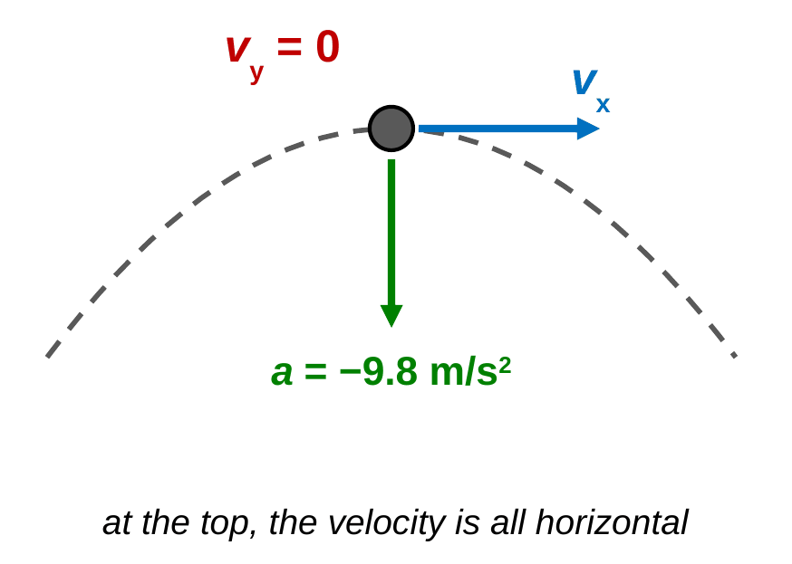 A close-up of the top of a projectile's parabolic path. At the peak, the ball has a blue horizontal arrow labeled v x, a label v y = 0, and a green arrow pointing straight down labeled a = −9.8 m/s squared. Caption: at the top, the velocity is all horizontal.