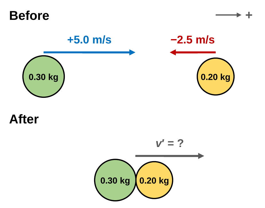 Before: a 0.30 kg clay ball moves right at +5.0 m/s toward a 0.20 kg clay ball moving left at −2.5 m/s. After: the two balls are stuck together with an unknown velocity v prime.