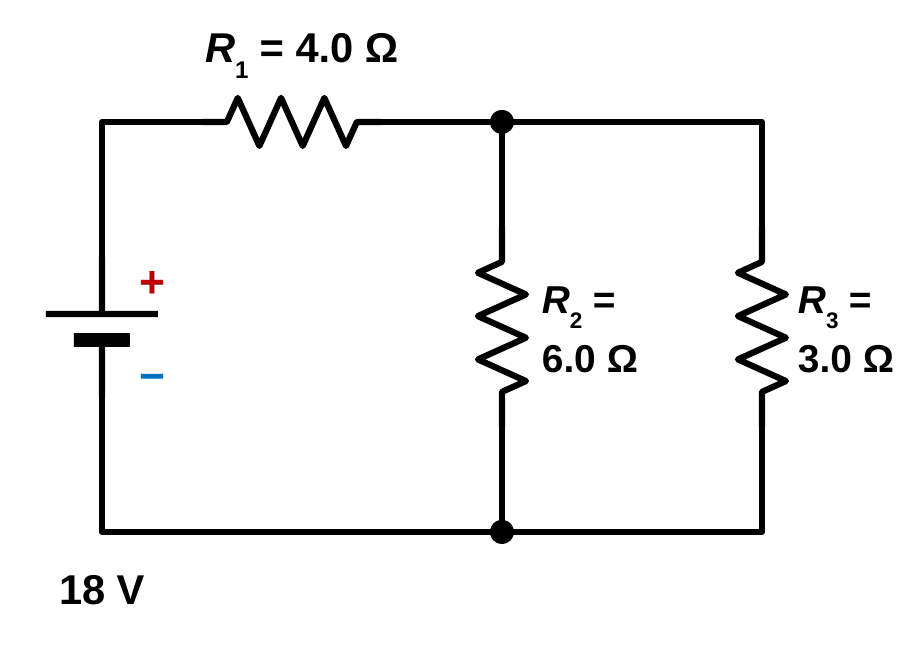 A combination circuit with an 18 V battery, R1 = 4.0 ohms on the top wire, and R2 = 6.0 ohms and R3 = 3.0 ohms on two parallel branches.