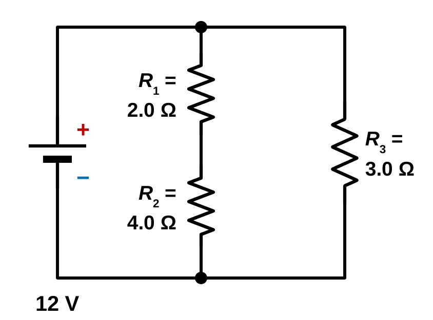 A 12 V battery connected to two parallel branches. The first branch has R1 = 2.0 ohms and R2 = 4.0 ohms in series, one above the other. The second branch has R3 = 3.0 ohms.