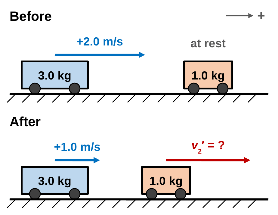 Before: a 3.0 kg cart moves right at +2.0 m/s toward a 1.0 kg cart at rest. After: the 3.0 kg cart moves right at +1.0 m/s and the 1.0 kg cart moves with an unknown velocity, marked with a question mark.