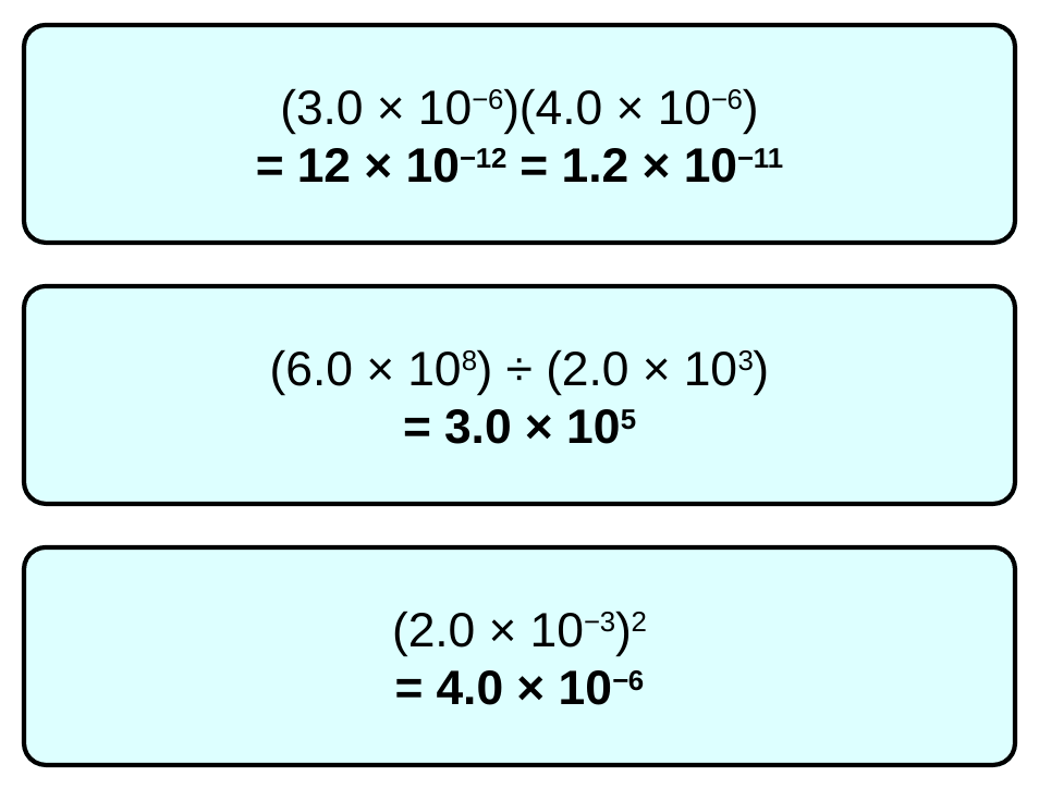 Three cards with worked examples. 3.0 times 10 to the negative 6 times 4.0 times 10 to the negative 6 equals 12 times 10 to the negative 12, which is 1.2 times 10 to the negative 11. 6.0 times 10 to the 8 divided by 2.0 times 10 to the 3 equals 3.0 times 10 to the 5. 2.0 times 10 to the negative 3, squared, equals 4.0 times 10 to the negative 6.