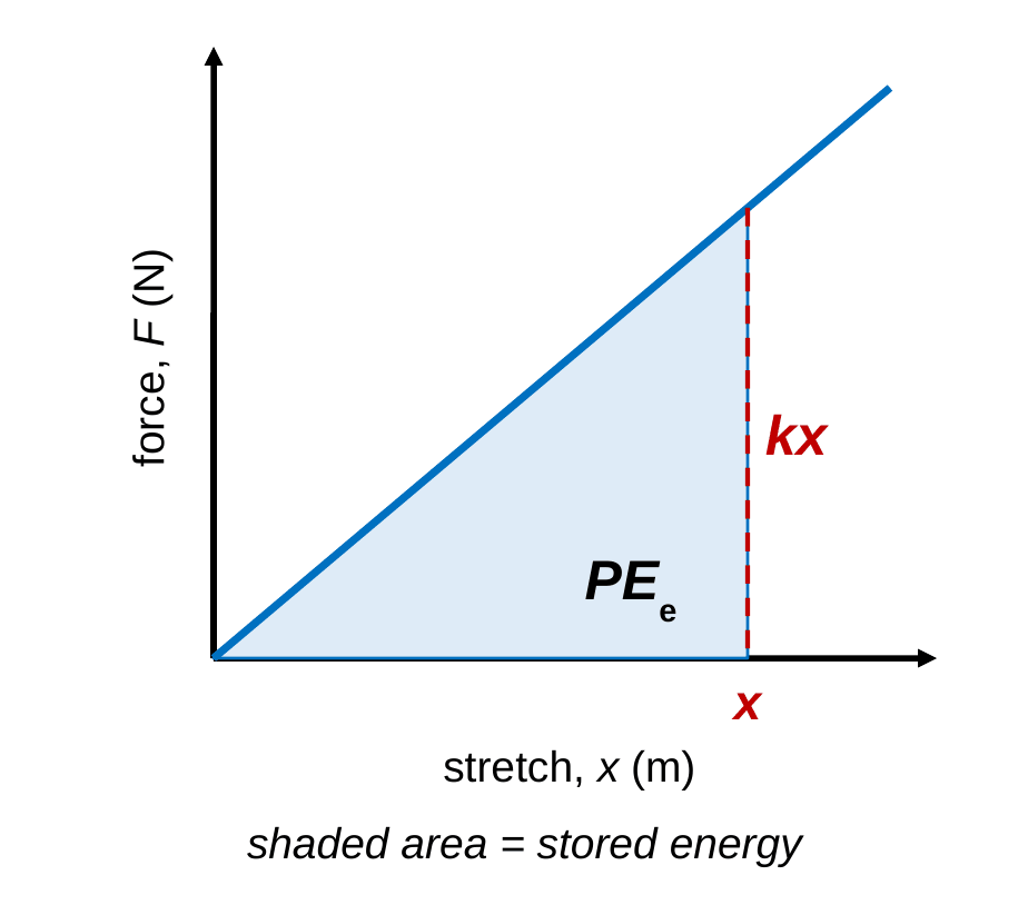 A graph of force versus stretch. A straight line rises from the origin. The triangle under the line, from zero to a stretch x, is shaded. Its base is labeled x and its height is labeled kx. Caption: shaded area = PE e.