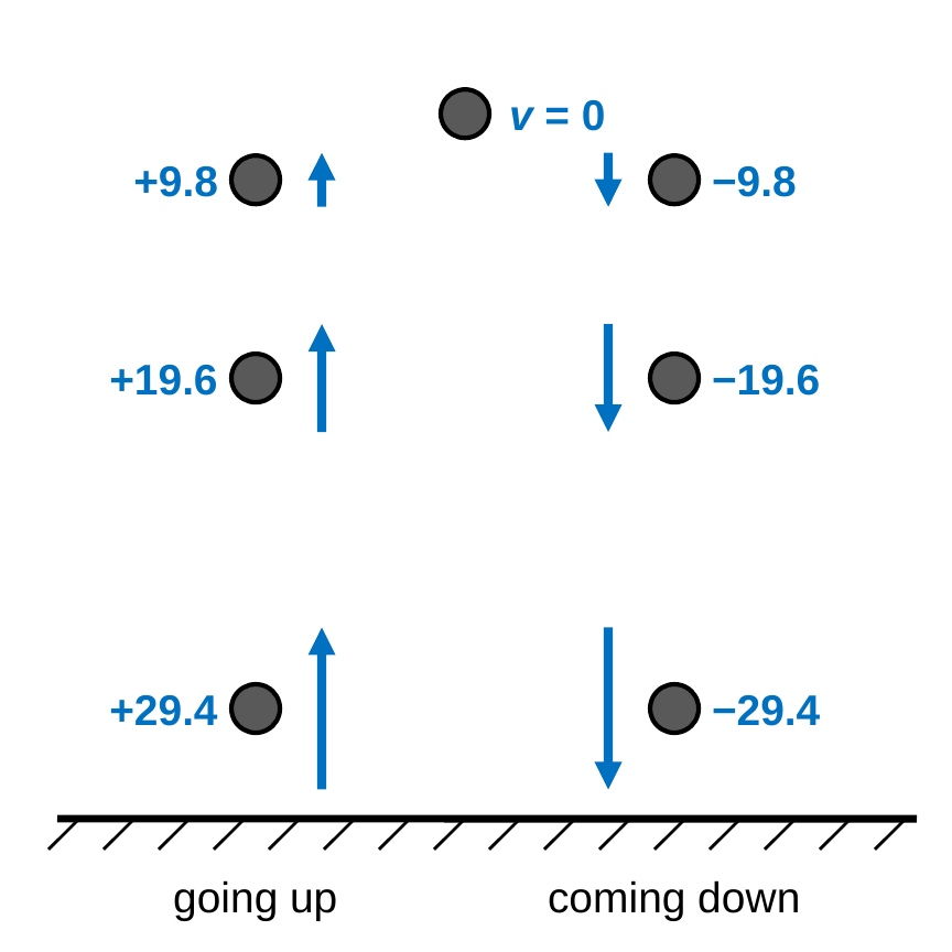 A ball tossed straight up at 29.4 m/s, shown once every second. On the way up, blue velocity arrows point up and shrink: +29.4, +19.6, +9.8 m/s. At the top, v = 0. On the way down, the arrows point down and grow: −9.8, −19.6, −29.4 m/s. Velocities are in m/s with up as positive.