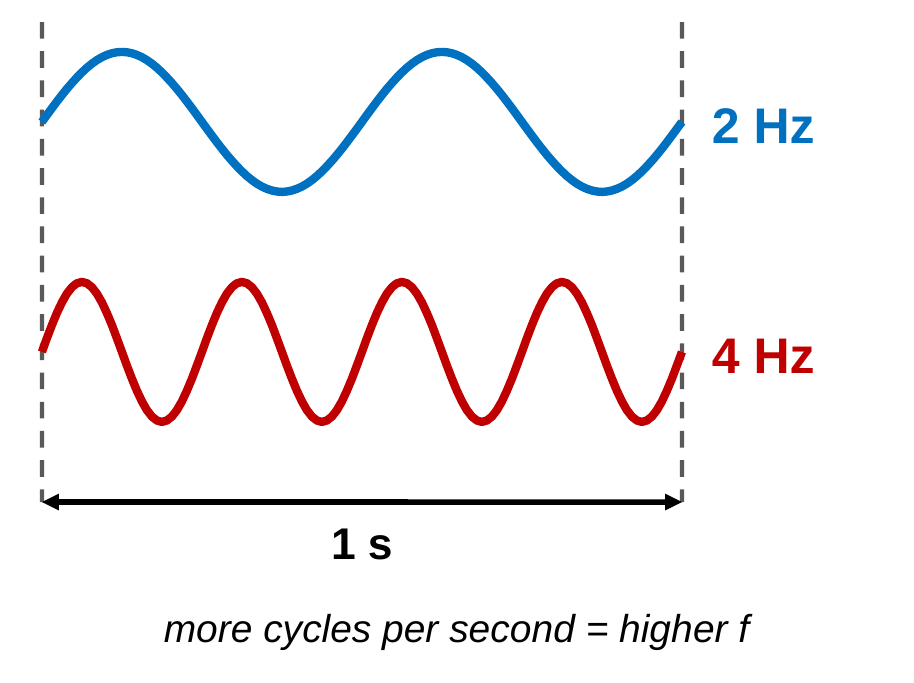 Two waves drawn over the same 1 second window. The top blue wave makes 2 cycles and is labeled 2 Hz. The bottom red wave makes 4 cycles and is labeled 4 Hz. Caption: more cycles per second means higher frequency.
