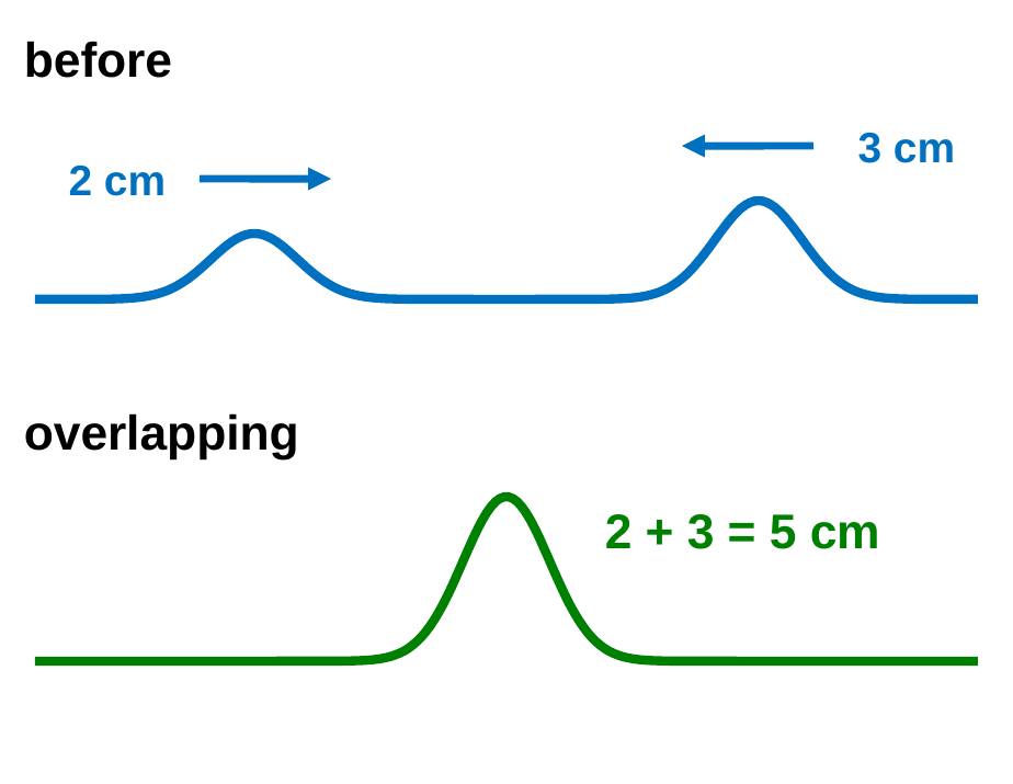 Top row, labeled before: a pulse 2 cm tall moves right and a pulse 3 cm tall moves left along a blue rope. Bottom row, labeled overlapping: a single green pulse 5 cm tall, labeled 2 + 3 = 5 cm.