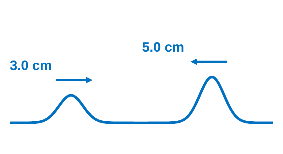 A rope with an upward pulse labeled 3.0 cm moving right and a taller upward pulse labeled 5.0 cm moving left.