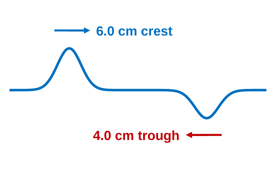 A rope with an upward pulse labeled 6.0 cm crest moving right and a downward pulse labeled 4.0 cm trough moving left.