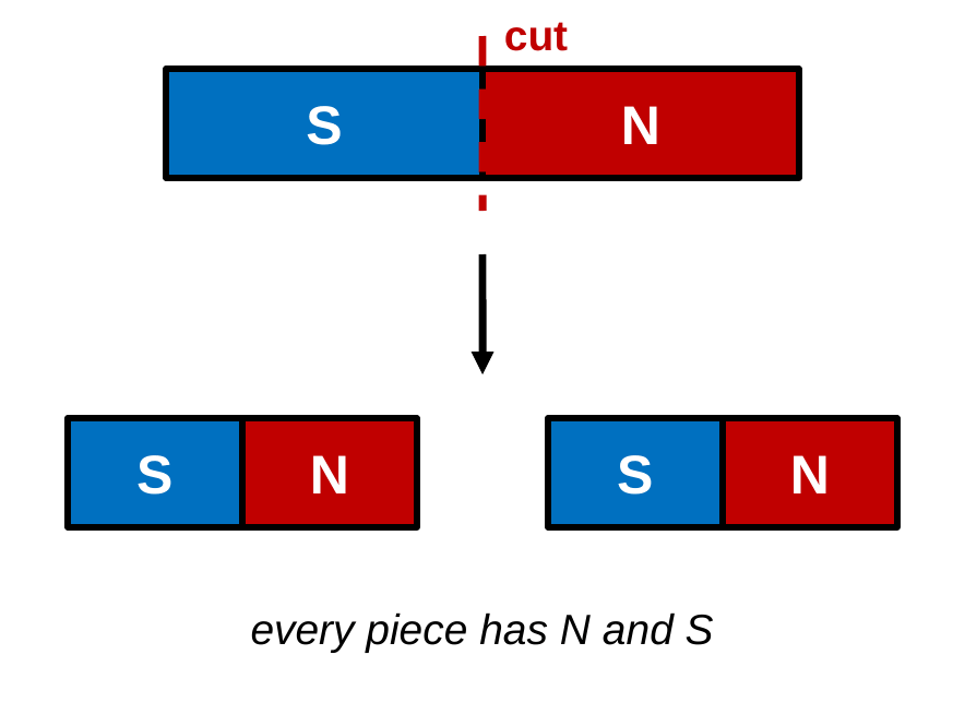 A bar magnet with S on the left and N on the right, with a red dashed cut line through its middle. An arrow points down to two smaller magnets, each with its own S on the left and N on the right. Caption: every piece has N and S.