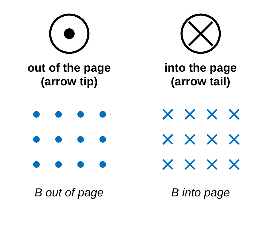 Left: a circle with a dot, labeled out of the page, like an arrow tip coming at you, above a grid of blue dots labeled B out of page. Right: a circle with an X, labeled into the page, like an arrow's tail going away, above a grid of blue X marks labeled B into page.