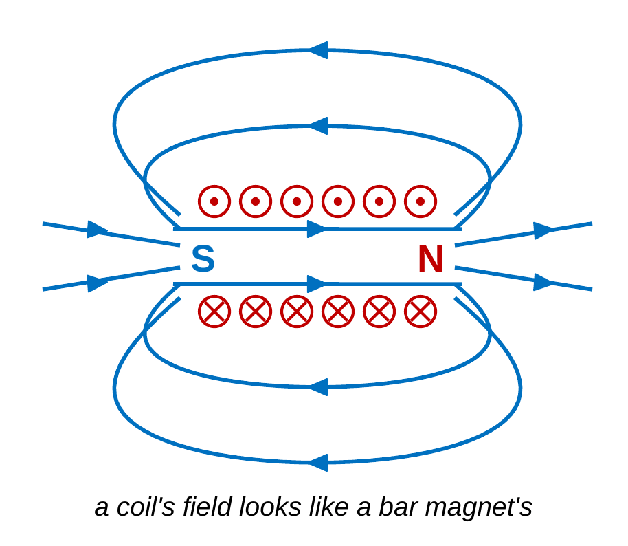 A cut-away view of a coil. The top row of wires has dots, meaning current out of the page, and the bottom row has crosses, meaning current into the page. Field lines run straight through the inside from left to right, leave the right end, which is labeled N, and loop around the outside to enter the left end, labeled S.