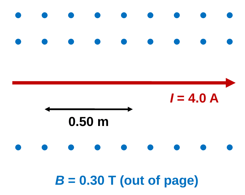 Blue dots showing a 0.30 tesla field out of the page. A horizontal red wire carries 4.0 amps to the right. A bracket under the wire shows its length, 0.50 meters.