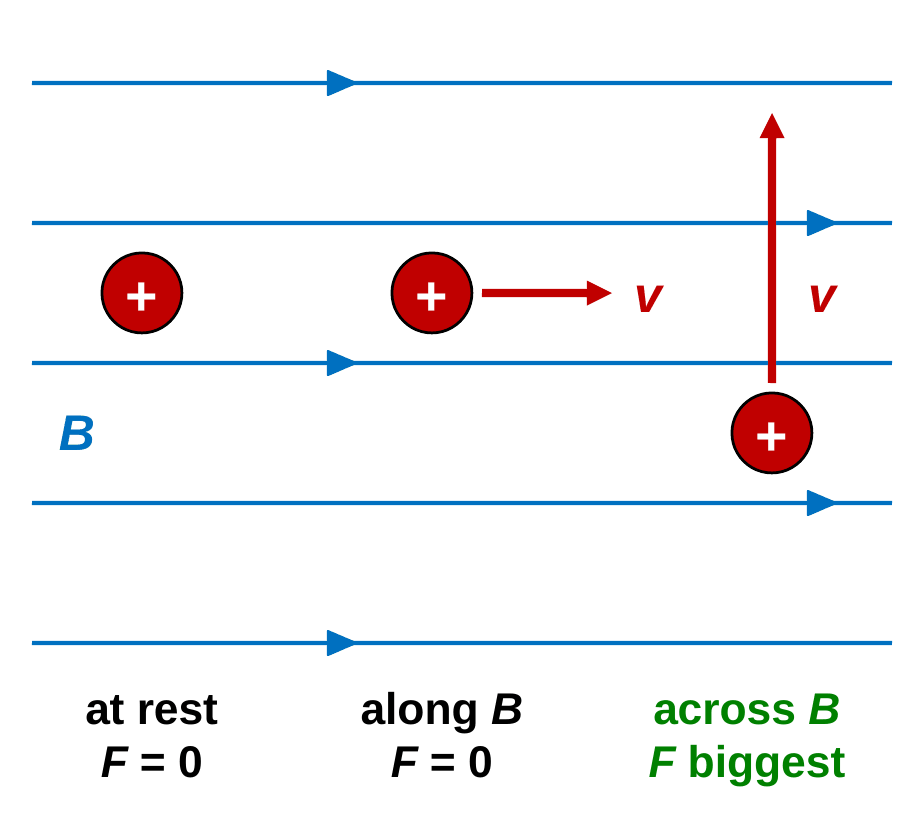 Horizontal blue field lines pointing right. Three positive charges sit between two lines. The first is at rest, labeled F = 0. The second moves right, along the field, labeled F = 0. The third moves up, across the field, labeled F biggest.
