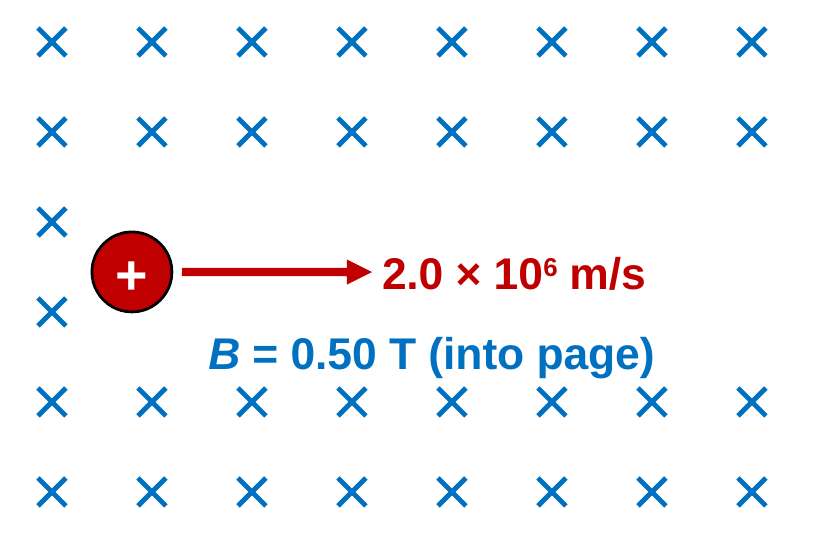 Blue crosses showing a 0.50 tesla field into the page. A red positive proton moves to the right with velocity arrow labeled 2.0 times 10 to the 6 meters per second.