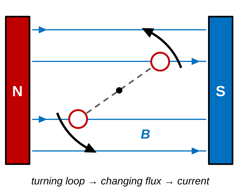 End-on view of a wire loop between a north pole on the left and a south pole on the right, tilted at an angle. A curved black arrow shows the loop being turned. Caption: a turning loop has changing flux, so current is induced.