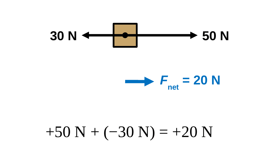A box with a black arrow right labeled 50 N and a shorter black arrow left labeled 30 N. Below, a short blue arrow pointing right labeled F_net = 20 N. Equation: +50 N + (−30 N) = +20 N.