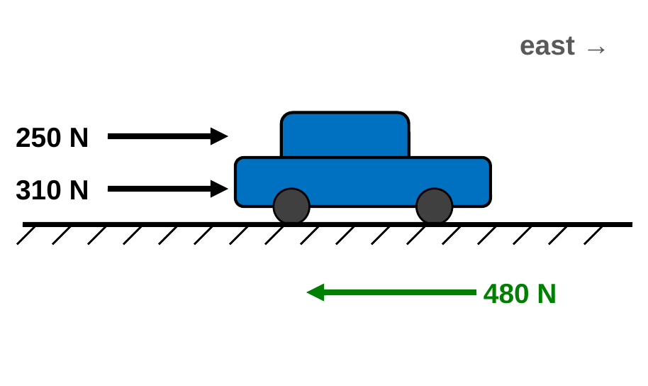 A car with two black arrows pointing east labeled 250 N and 310 N, and a green arrow pointing west labeled 480 N.