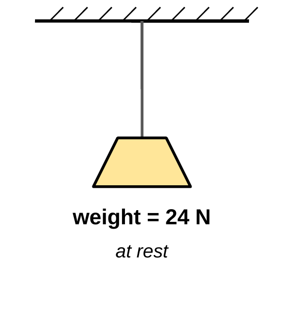 A lamp hangs from the ceiling on a single cord. The lamp is labeled weight 24 N.