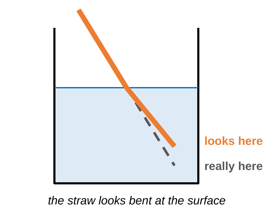 A glass of water with a straw in it. Above the water, the straw is a solid orange line. Below the surface, a dashed gray line shows where the straw really is, and a solid orange line, tilted upward, shows where the straw appears to be. The straw looks bent at the water's surface.