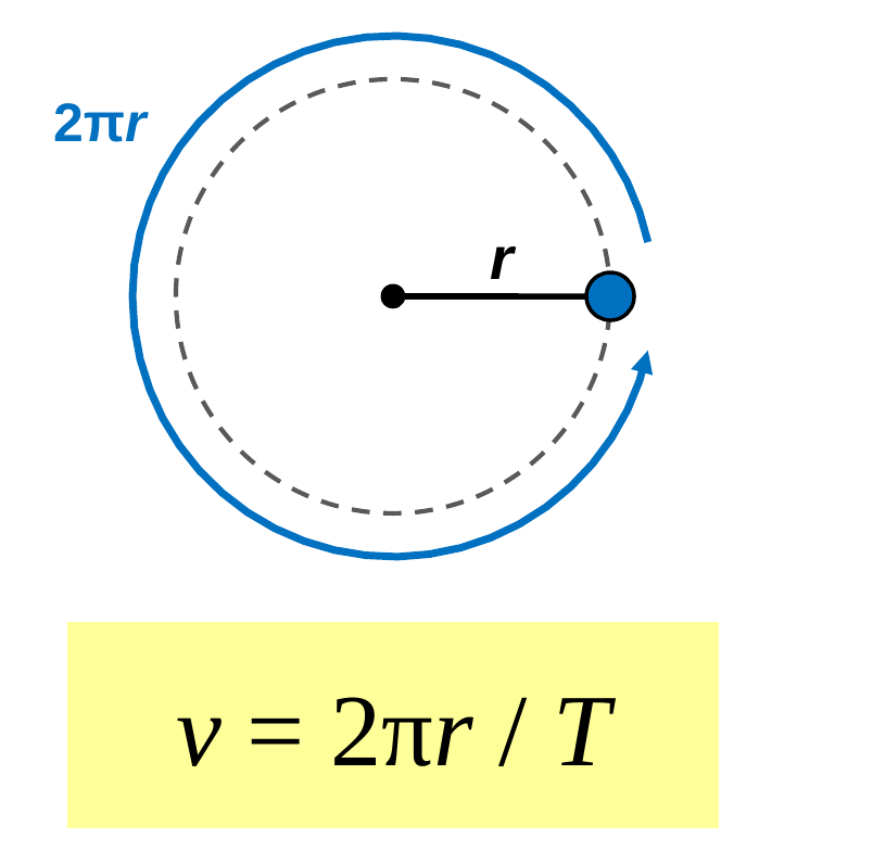 A circle with a radius line labeled r and a curved arrow around the outside labeled 2 pi r, one full lap. Below it, the equation v = 2 pi r / T in a yellow box.