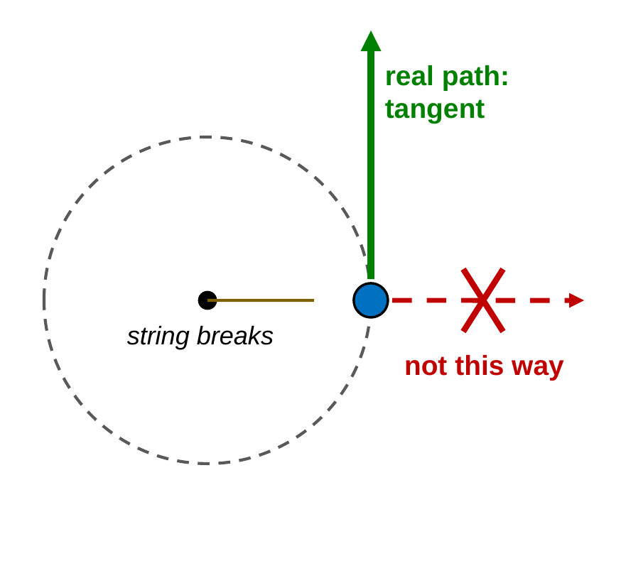 A ball swung counterclockwise on a string around a dashed circle. At the right side of the circle the string breaks. A green arrow shows the ball moving straight up along the tangent, labeled real path. A red dashed arrow pointing straight outward from the center is crossed out and labeled not this way.