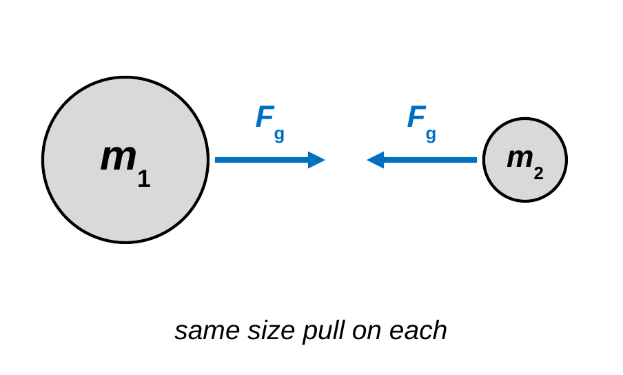 A large gray ball labeled m1 and a small gray ball labeled m2. Equal blue arrows labeled F sub g point from each ball toward the other. Caption: same size pull on each.