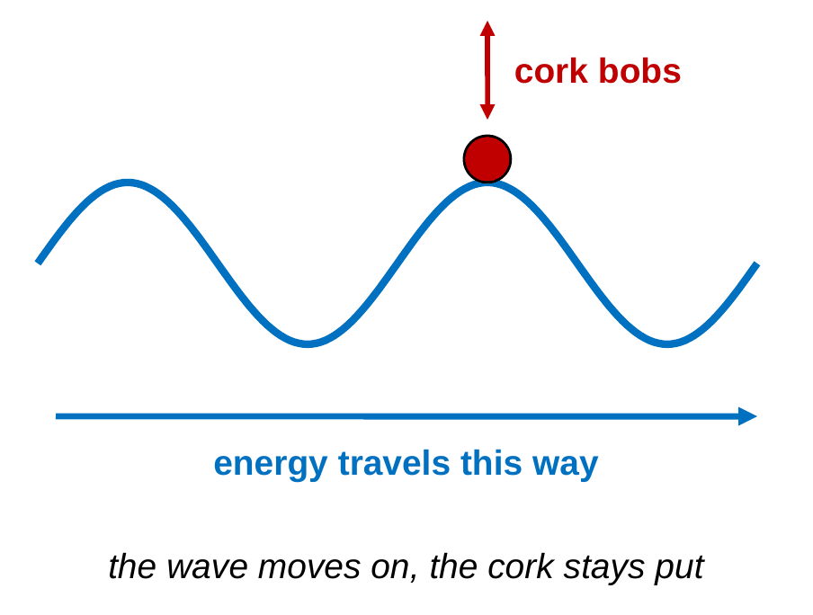 A blue wave on water with a red cork sitting on a crest. A small red double arrow above the cork shows it bobbing up and down. A long blue arrow below points right, labeled energy travels this way. Caption: the wave moves on, the cork stays put.