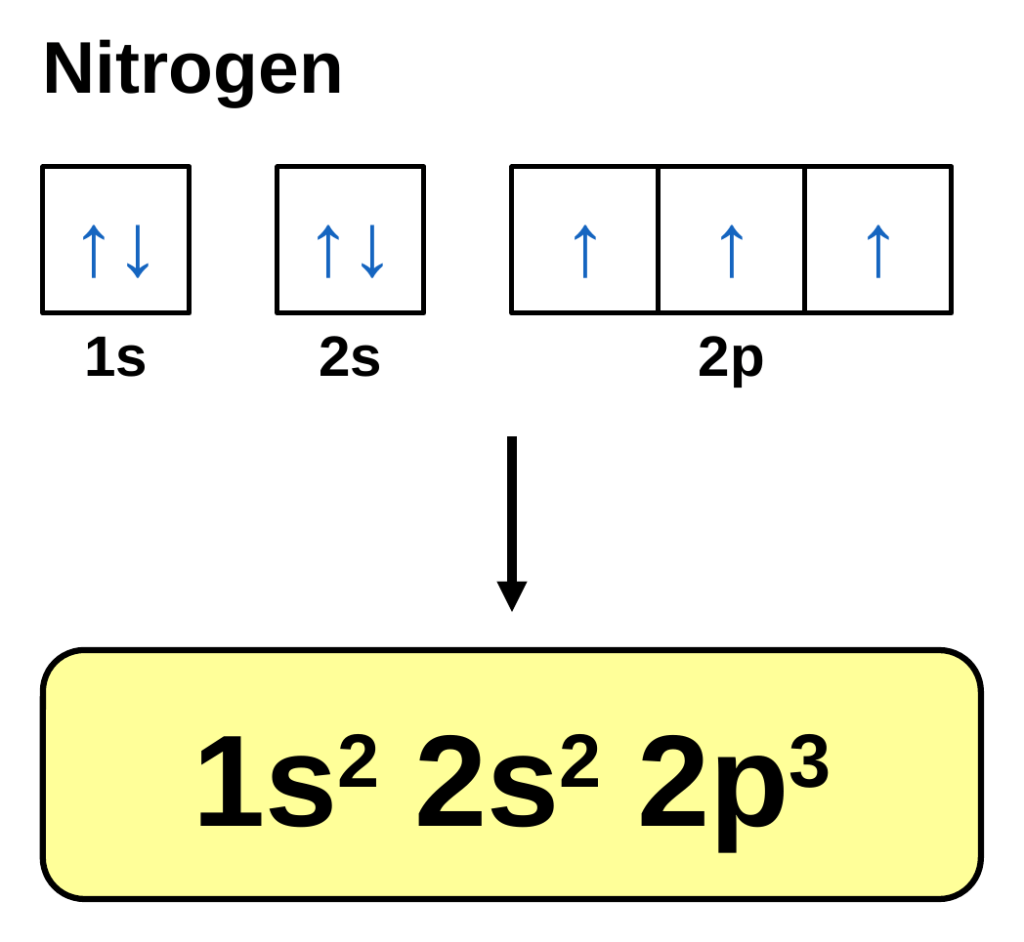 Nitrogen's orbital filling diagram (1s paired, 2s paired, three single 2p arrows) turned into the electron configuration 1s2 2s2 2p3